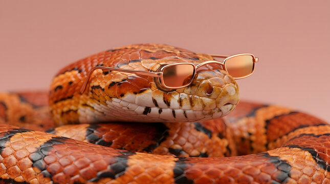 Extreme close-up studio portrait of a corn snake wearing narrow copper-framed sunglasses with orange mirrored lenses