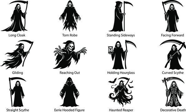 Collection of grim reaper silhouettes for halloween design projects featuring various poses and scythe weapon icons