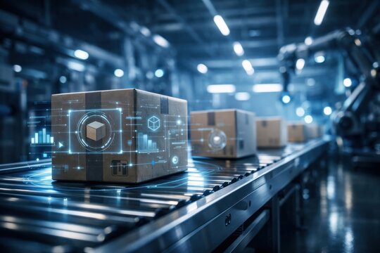 Futuristic warehouse with boxes on a conveyor belt and digital graphics.