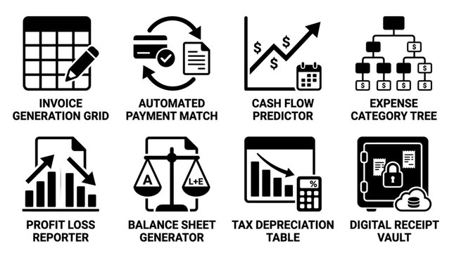 Set of financial and accounting business icons featuring invoice generation automated payment match cash flow expense tree profit loss reporter digital vault accounting business generation