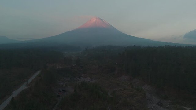 Panoramic view of Mount Merapi active stratovolcano standing over Java island.