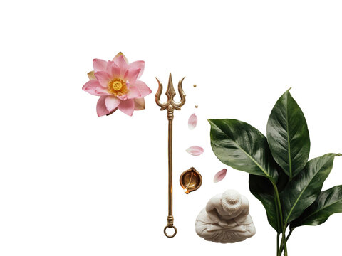 Hindu trishula symbol, pink lotus flower, small oil lamp, and buddha statue arrangement on white surface isolated on a transparent background