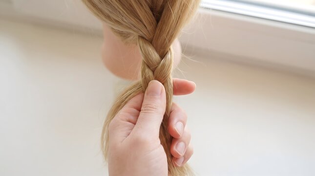 Hand braiding blonde hair on a training head, close-up of styling process