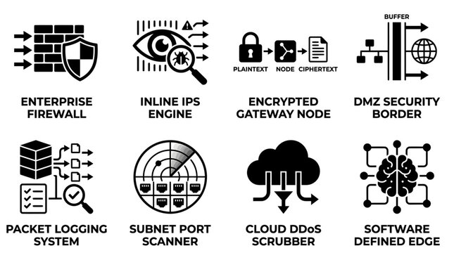 Set of enterprise security and cloud protection icons including enterprise firewall inline ips engine encrypted gateway node cloud d do s scrubber with enterprise security protection firewall