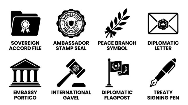 Set of black and white diplomatic and government icons featuring seals letters gavels porticos diplomacy government politics collection envelope building flagpost sovereign ambassador