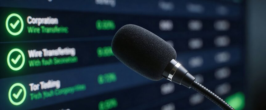 Professional microphone against financial data screen showing corporate wire transfer transactions and stock trends