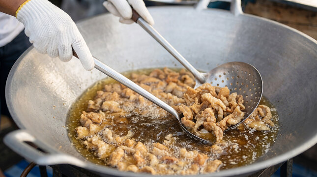 Deep frying crispy chicken skin in large wok