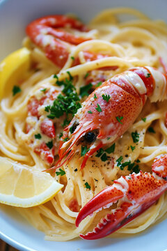 Lobster pasta in a creamy garlic sauce, garnished with parsley and lemon slices, served in a cozy setting