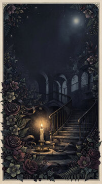 Lit candle on old stone staircase surrounded by dark floral garland. Gothic romance atmosphere with moonlit night scenery. Vintage mansion interior illustration for book cover design.