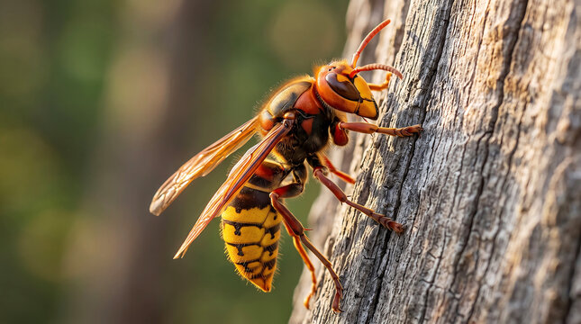 Giant vespa crabro wasp crawling on wood macro
