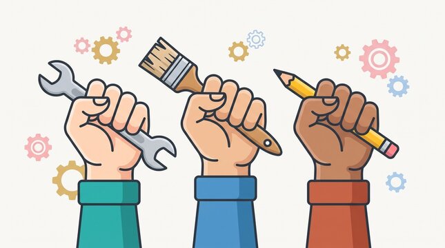 Three hands holding tools and pencil with flowers