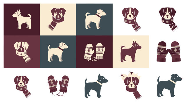 Collection of various dog breeds and winter accessories in a charming flat design style.