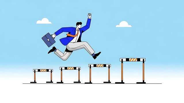 Businessman jumping over hurdles with briefcase