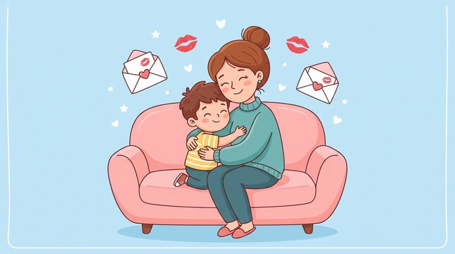 Mother hugging happy child on pink couch