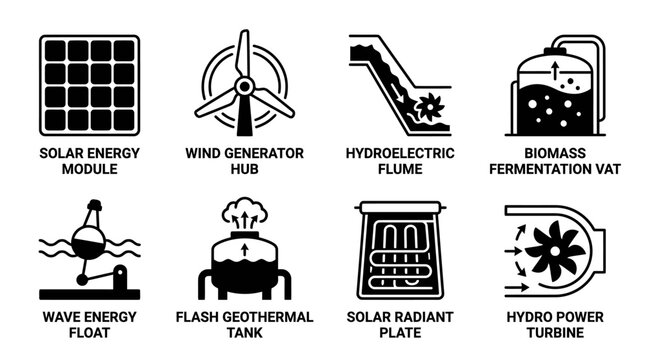 Green energy and power generation icons featuring solar energy module wind generator hub hydroelectric flume biomass fermentation vat wave energy float renewable geothermal sustainable technology
