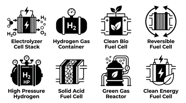 Collection of alternative energy and hydrogen fuel cell technology icons in outline style with hydrogen technology electrolyzer container reversible pressure sustainable alternative industry