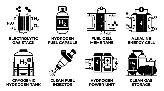 Selection of black and white hydrogen energy storage and fuel cell component icons with hydrogen technology electrolytic membrane alkaline cryogenic injector sustainable alternative industry