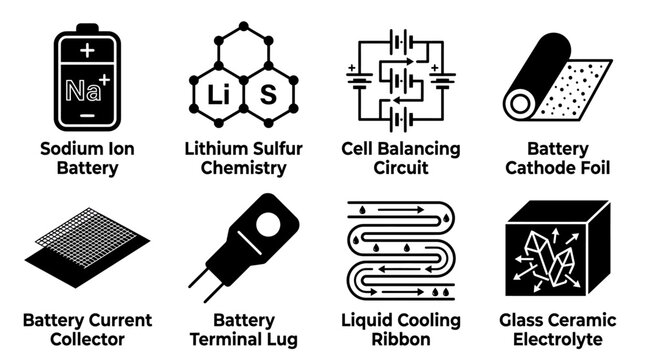 Set of black and white icons representing various battery technologies and components including sodium ion lithium sulfur and cell balancing circuit with technology diagrams engineering components