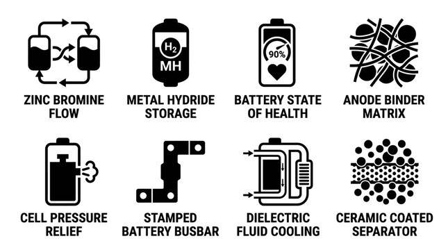 Technical icons depicting zinc bromine flow metal hydride storage battery health and dielectric fluid cooling systems with technology diagrams engineering components pressure dielectric electric