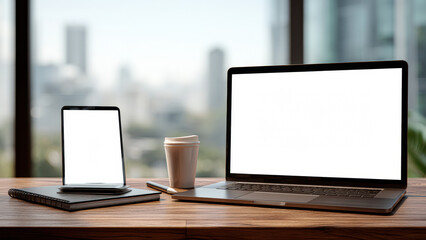 Fototapeta premium Laptop, tablet, notebook, and coffee cup on wooden desk with cityscape background, workspace setup for remote work or study.