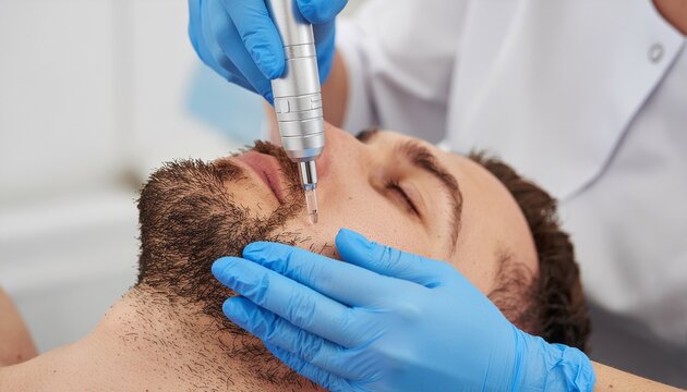 A bearded young man receiving a professional mesotherapy or microneedling facial treatment on his cheek, performed by a skincare specialist wearing blue gloves in a modern clinic