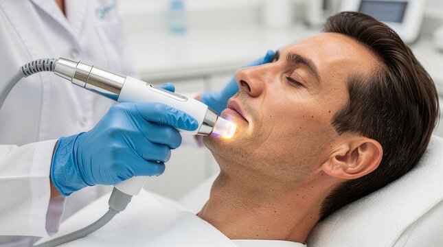A handsome mature man receiving a professional laser facial treatment on his chin and jawline, performed by a licensed skincare specialist wearing blue gloves in a modern clinic.