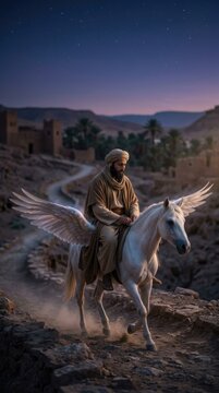 Prophetic celestial transit: night journey, winged horse, holy ascension, desert path, starry sky, Isra event, Mi'raj quest, sacred goal, divine revelation, solemn rider.