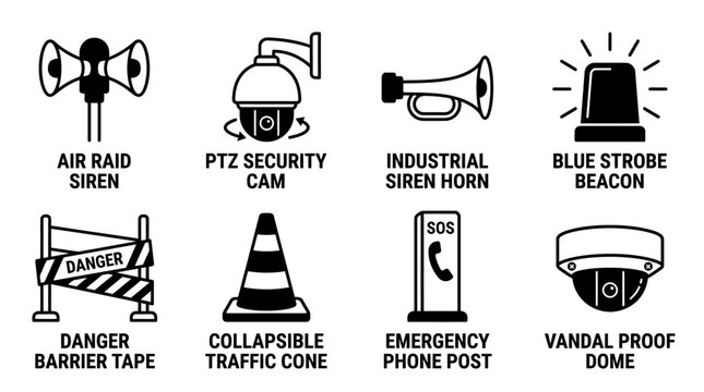 Set of black and white emergency and surveillance vector icons showing air raid siren ptz security camera industrial siren horn blue strobe beacon danger barrier tape collapsible cone and phone post