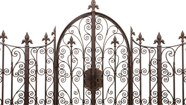 Ornate brown metal gate with intricate scrollwork and fleur de lis finials isolated on a transparent background