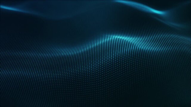 Glowing cyan particle wave moves across a dark futuristic surface, forming a clean digital technology background for data, network and abstract motion projects.
