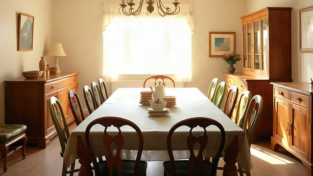 Sunlit boardinghouse dining room with pine table, mismatched chairs, ceramic teapot, lace curtain, homely atmosphere