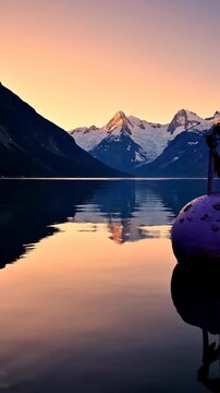 A purple buoy floats in calm water near snow-capped mountains during a serene sunset with golden skies.