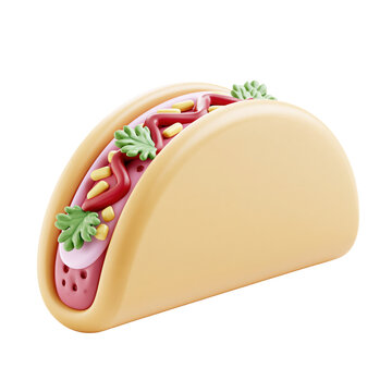 Charming soft taco with pink meat filling and fresh green cilantro and lettuce leaves isolated on transparent background for food menu