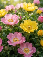 Obraz premium Bright pink, yellow blooming flowers grow in green garden. Beautiful spring blossoms open under warm sunlight. Colorful ornamental plants decorate summer landscape with natural beauty, vibrant petals