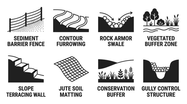 Set of black and white vector icons depicting sediment barriers contour furrows gully control structures sediment furrowing vegetated terracing conservation structure environmental