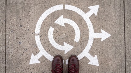 Naklejka premium A person standing at a crossroads with painted white arrows on the concrete pavement, symbolising choices, decisions and paths