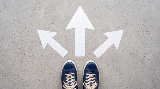 Person standing at a crossroad with three arrows pointing in different directions, representing choices, decisions, and future paths