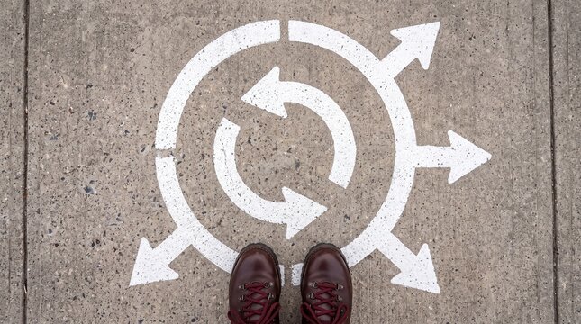 A person standing at a crossroads with painted white arrows on the concrete pavement, symbolising choices, decisions and paths