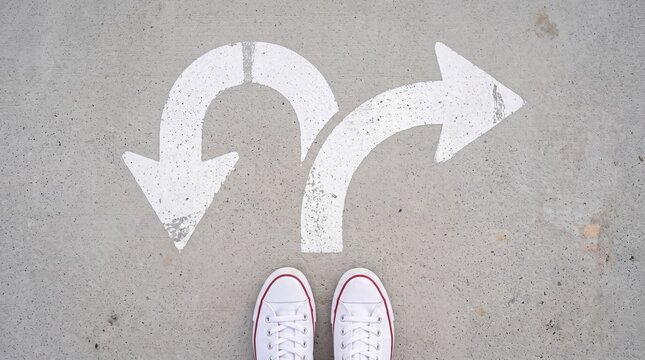 Person standing at a crossroads with white sneakers looking down at split path arrows painted on concrete pavement floor