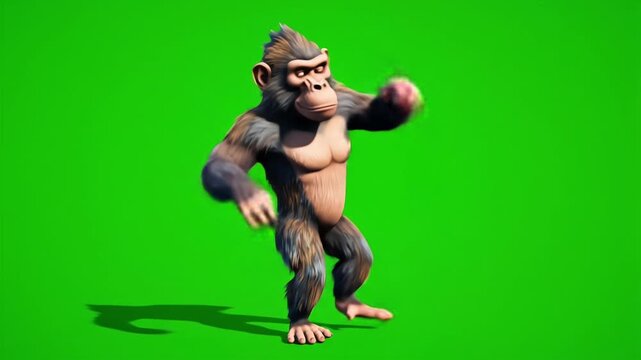 3D animated funny chimpanzee character walking and scratching head on green screen background