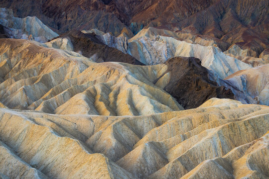 View of the rugged, eroded badlands of Zabriskie Point, featuring golden and brown sedimentary hills under soft light, Inyo County, California, United States.