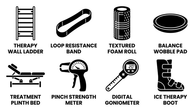 Set of black and white vector physical therapy wall ladder resistance band and rehabilitation equipment icons with rehabilitation physical goniometer equipment exercise resistance textured
