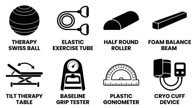 Set of black and white vector therapy swiss ball exercise tube foam roller and medical device icons with exercise goniometer equipment rehabilitation baseline collection isolated illustration
