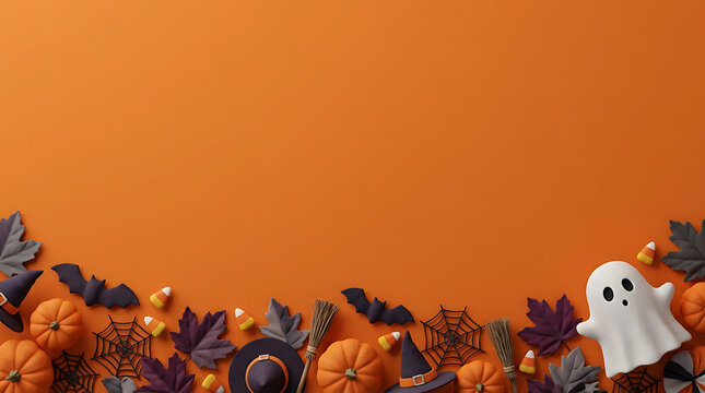 Halloween characters and pumpkins scattered on an orange surface with autumn leaves and candy corn