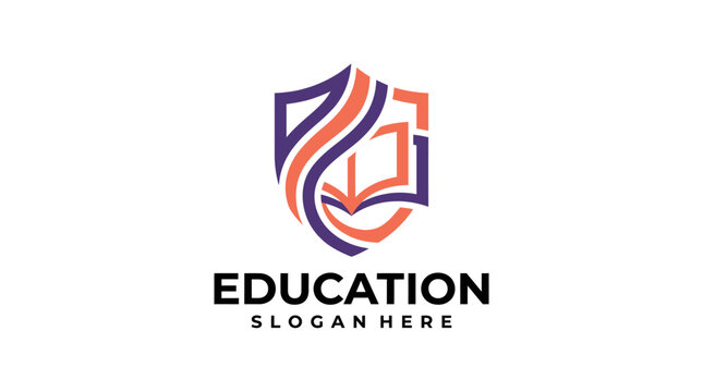 Modern shield education logo design featuring an open book symbol.