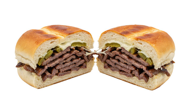 Two halves of a grilled steak sandwich with melted cheese and pickles on toasted bun isolated on a transparent background