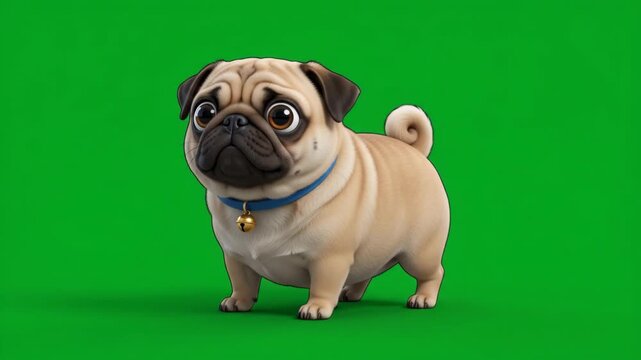 Adorable cartoon pug dog with a blue collar and bell standing on a vibrant green screen background.