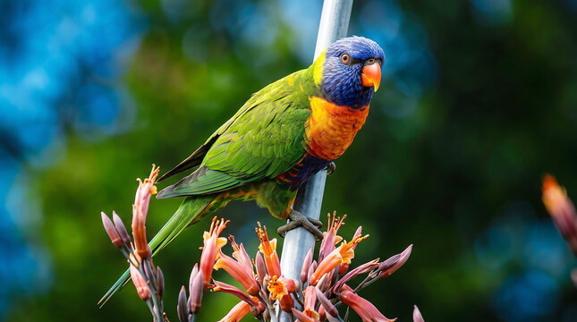 Rainbow lorikeet perched on metal pole among flowers