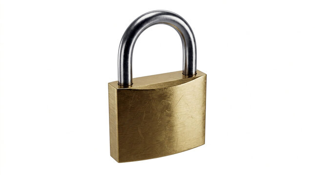 Brass padlock isolated on white background with metallic shackle for security protection.