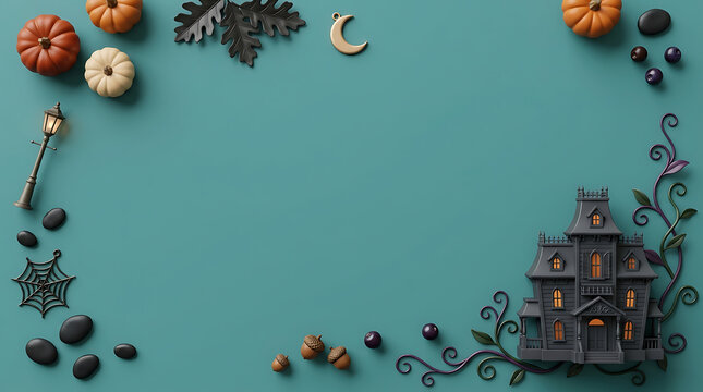 Halloween elements arranged in a border with a haunted house and pumpkins for seasonal decoration